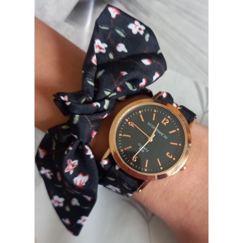 MONTRE FEMME A NOUER BRACELET TISSU NOIR IMPRIME FLEURS Rakuten