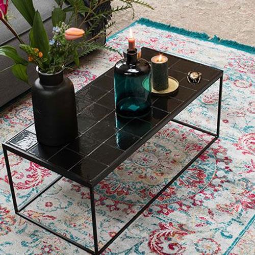 Table Basse 93x43x36 Cm Avec Plateau En Carreaux De Céramique Noire