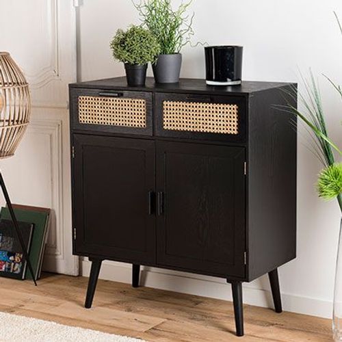 Buffet 2 Portes Et 2 Tiroirs En Rotin Naturel Et Bois Noir - Maryse