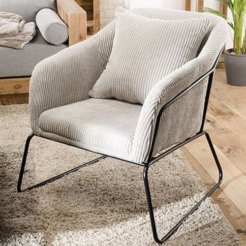 Fauteuil En Tissu Velours Cotelé Gris Clair Et Piétement Métal - Sofia