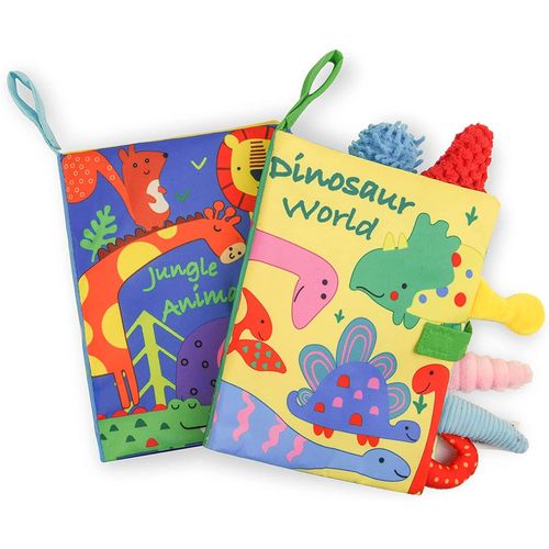 2pcs Livre Tissu Bébé,Livre Tissu Bébé Eveil Livre Bébé Doux Lavable Educatif En Tissu Jouets Educatif Idée Cadeau Dès Naissance(Jungle + Dinosaures)