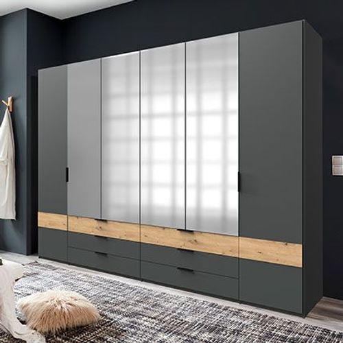 Armoire 6 Portes 6 Tiroirs 270 Cm Décor Chêne Et Gris Foncé - Kansas