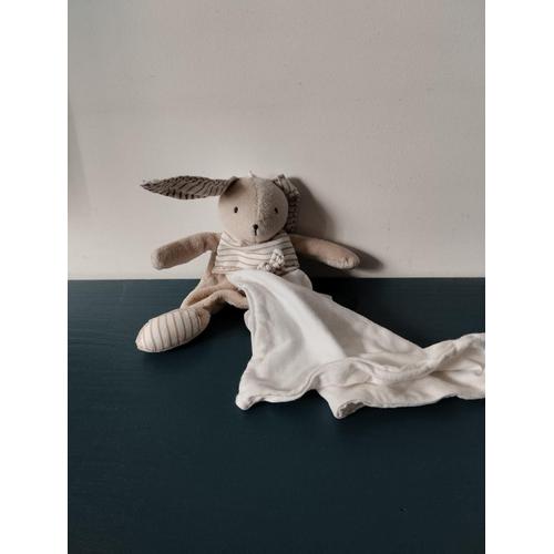 Doudou Lapin Rayé Marron -Écru Mouchoir Berlingot