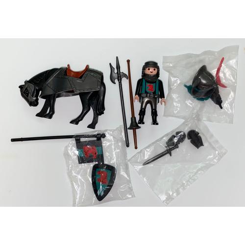 Playmobil Lot Ch01 - Figurine Chevalier Et Cheval Armure Lance Fanion Épée Pour Château Médiéval