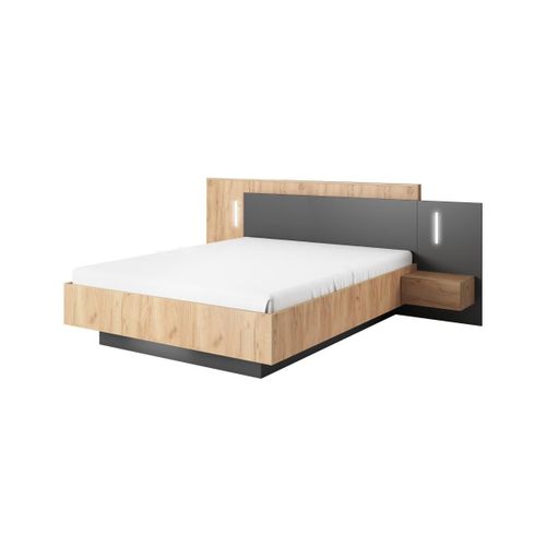 Lit Avec Chevets 160 X 200 Cm - 2 Tiroirs - Avec Leds - Coloris : Naturel Et Anthracite - Francoli