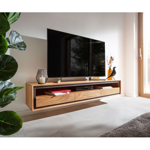Plateau-Tv Stonegrace Acacia Nature 175 Cm 1 Compartiment 3 Tiroirs Placage En Pierre Buffet Bas Flottant