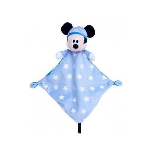 Disney Doudou Plat Brille Dans La Nuit Mickey La Souris 20 X 20 Cm - Doudou Enfant Bleu Avec Etoiles - Set Peluche Avec Mouchoir + 1 Carte Offerte