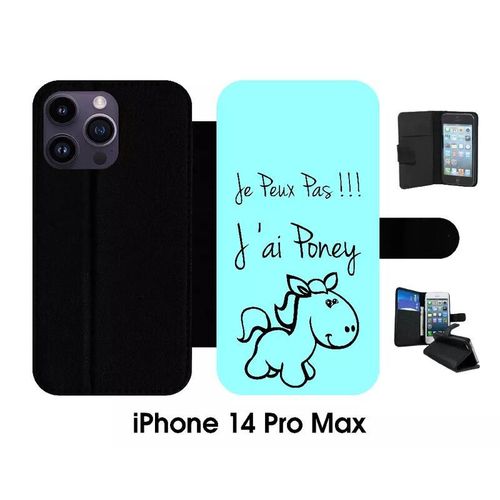 Etui À Rabat Iphone 14 Pro Max - Citation Poney Turquoise - Simili-Cuir - Noir