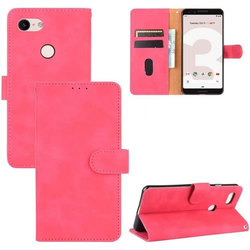 Compatible Avec Coque Google Pixel 3, Portefeuille Etui Cuir Magnétique Housse Avec Fentes De Cartes, Antichoc Support+Protecteur D'écran En Verre Trempé*2-Rose Rouge
