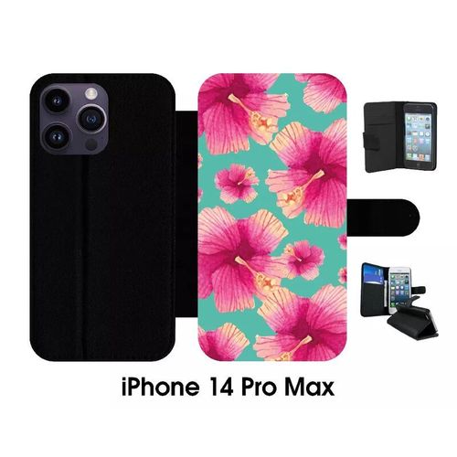 Etui À Rabat Iphone 14 Pro Max - Hibiscus Fond Turquoise - Simili-Cuir - Noir