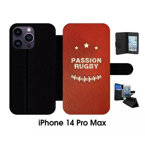 Etui À Rabat Iphone 14 Pro Max - Passion Rugby - Simili-Cuir - Noir