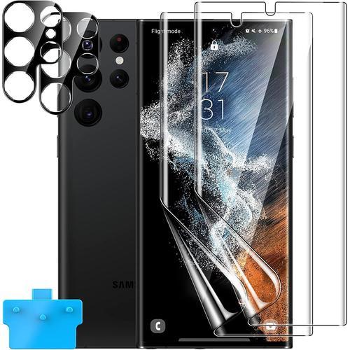 2+2 Pièces Compatible Avec Samsung Galaxy S22 Ultra 5g Protection Écran Pas De Verre, 2 Pièces Flexible Film + 2 Pièces Caméra Verre Trempé S22 Ultra Protecteur, Anti-Rayures Sans Bulles