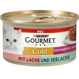 12x85g Gourmet Gold Recettes Raffinées Duo Saumon, Colin - Sachet Pour Chat