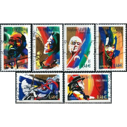 France 2002, Belle Série Complète Timbres 3500 3501 3502 3503 3504 3505, Les Étoiles Du Jazz, Oblitérés, Tbe.