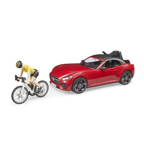 Voiture Bruder Roadster Avec Porte Velo, Un Velo De Route Et Une Cycliste