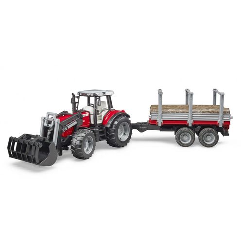 Bruder Tracteur Massey Ferguson 7480 Avec Fourche Et Remorque De Transport De Bois