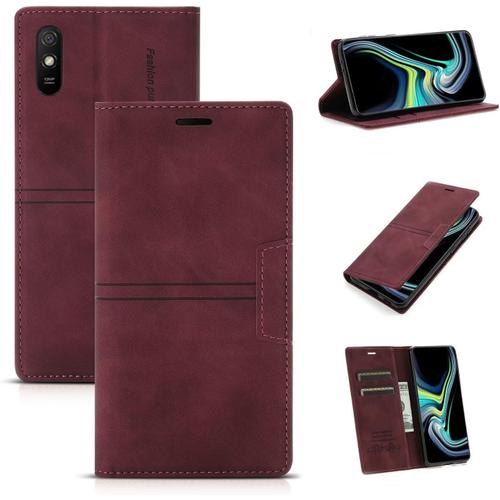 Compatible Avec Coque Xiaomi Redmi 9c Nfc, Pu Cuir Flip Folio Portefeuille Avec Emplacement Carte, Magnétique Antichoc Support Etui Housse+2x Verre Trempé-Vin Rouge