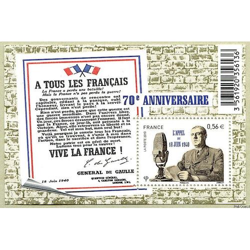 France 2010, Très Beau Mini-Bloc Feuillet Neuf** Luxe Yvert 4493, Général De Gaulle, 70ème Anniversaire De L'appel Du 18 Juin 1940.