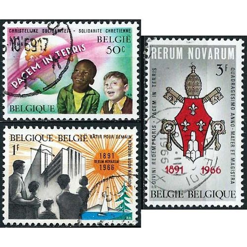 Belgique 1966, 75ème Anniversaire Encyclique Papale, Belle Série Complète Timbres Yvert 1360 Globe Terrestre Et Enfants 1361 Construction Et 1362 Armoiries Vaticanes Du Pape Paul 6, Oblitérés Tbe