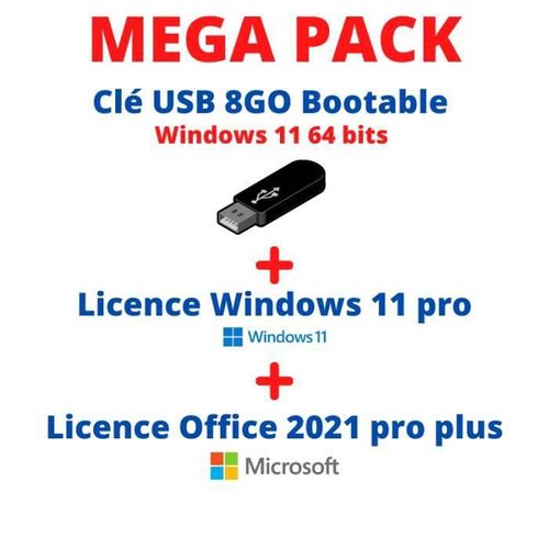 Pack Windows 11 Sur Clé Usb Bootable + Licence Windows 11 Pro + Licence Office 2021 Pro Plus