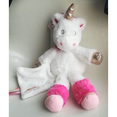 Doudou Pantin - Licorne Blanche Et Rose Avec Mouchoir - Collection Poussière D'étoiles