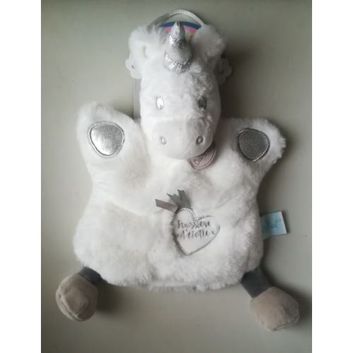 Doudou Marionnette - Licorne - Blanc Et Gris - Collection Poussière D'étoile