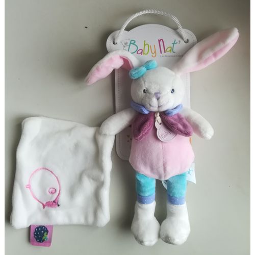 Doudou Pantin - Lapin Rose Avec Mouchoir Blanc - Collection Pom & Berry