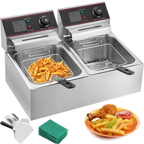 2x6L Friteuse Électrique en Inox Professionnel avec Huile Double Réservoir Cuve Amovible Acier Inoxydable 5000W 12L