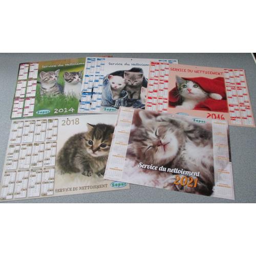 Lot De 5 Calendriers Du Service Du Nettoiement Sepur - Années 2014 - 2015 - 2016 - 2018 - 2021 - 29,5x21cm- Petit Trou De Fixation - Avec De Belles Images De Chatons - Imprimés Recto Verso