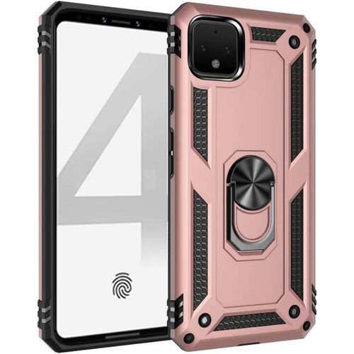 Coque Google Pixel 4 Avec Aimant Anneau Support, 360° Double Couche Renforcée Défense Bumper Antichoc Armure Housse Etui Avec Protection Écran Pour Google Pixel 4, Or Rose