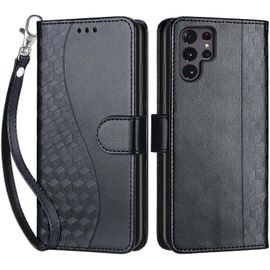 Coque Pour Samsung Galaxy S22 Ultra 5g 6,8 Pouces, Housse En Cuir Pu Flip Pochette Portefeuille Étui Avec Emplacement Carte Samsung S22 Ultra Coque Magnétique Antichoc (Noir)