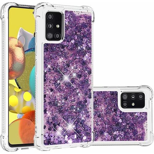 Coque Pour Samsung Galaxy 51 5g Brillant Liquide Sables Mouvant Transparent Quatre Coins Anti-Lutte Tpu Pare-Coeur De Pove Violet Coloré