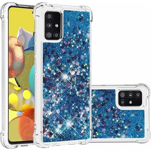 Coque Pour Samsung Galaxy 51 5g Brillant Liquide Sables Mouvant Transparent Quatre Coins Anti-Lutte Tpu Pare-Coeur Bleu