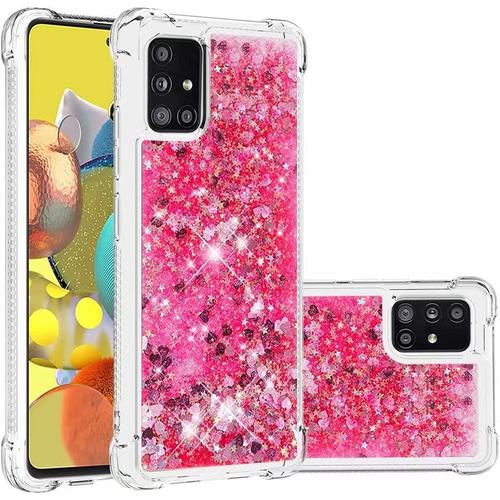 Coque Pour Samsung Galaxy 51 5g Brillant Liquide Sables Mouvant Transparent Quatre Coins Anti-Lutte Tpu Pare-Coeur Rose