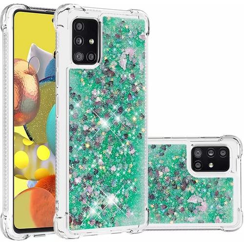 Coque Pour Samsung Galaxy 51 5g Brillant Liquide Sables Mouvant Transparent Quatre Coins Anti-Lutte Tpu Pare-Petit Amour Vert