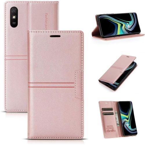 Compatible Avec Coque Xiaomi Redmi Note 7 Pro, Pu Cuir Flip Folio Portefeuille Avec Emplacement Carte, Magnétique Antichoc Support Etui Housse+2x Verre Trempé-Or Rose