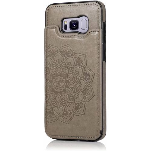 Coque Pour Samsung Galaxy S8 Plus Bouton Double Mandala En Relief Pu Cuir Carte Poches [Fente Pour Carte] [Fonction Stand] Anti-Choc Flip Housse-Gris