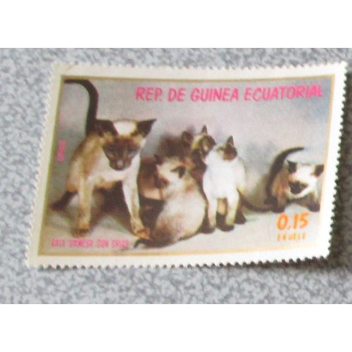 Timbre Guinée Équatoriale - Groupe De Chats Et Chatons Siamois De La Série Chats 1976 - Non Oblitéré - 57x40mm - Valeur 0.15 Ekuele