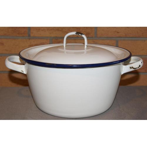 Ancien Faitout Cocotte Acier Émaillé Blanc Filet Bleu 5 Litres