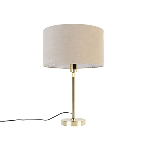 Qazqa Design Tafellamp Goud Verstelbaar Met Kap Lichtbruin 35 Cm - Parte Acier /Tissu Dorã©/Laiton,Marron Rond / Luminaire / Lumiere / ÃClairage / Intã©Rieur / Salon E27 Max. 1 X 60 Watt
