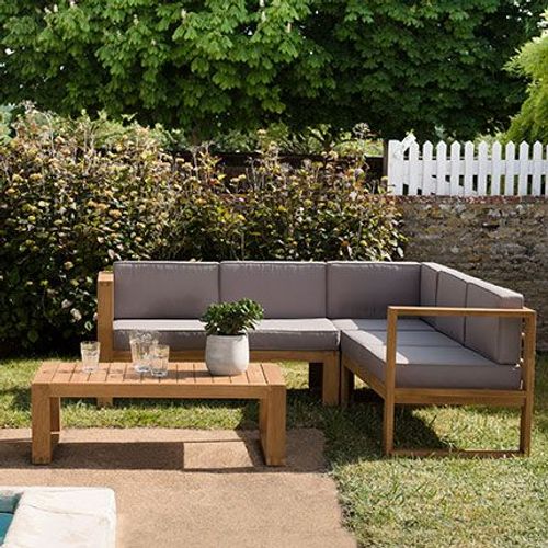 Salon De Jardin 6 Places En Teck Et Coussins Gris - Loungy