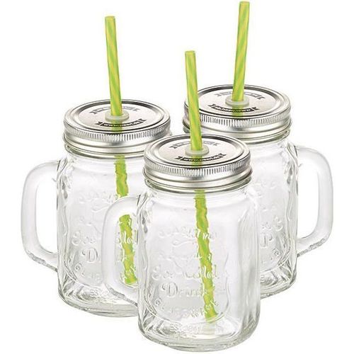 Lot De 3 Verres Rétro Avec Anse, Paille Et Couvercle