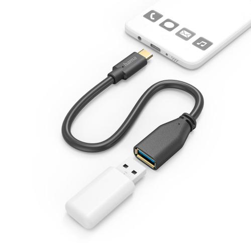 Câble adapt. USB, OTG, f. mâle USB-C - f. femelle USB-A, 15 cm, noir