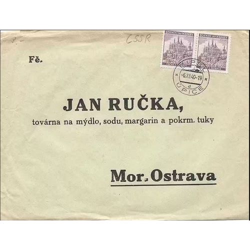 Tchécoslovaquie, Occupation Allemande, Bohème Moravie 1940, Belle Enveloppe Timbres Yvert 27, Cathédrale De Kutna Hora, Oblitérés Beau Cachet Rond De Upice, Tbe.