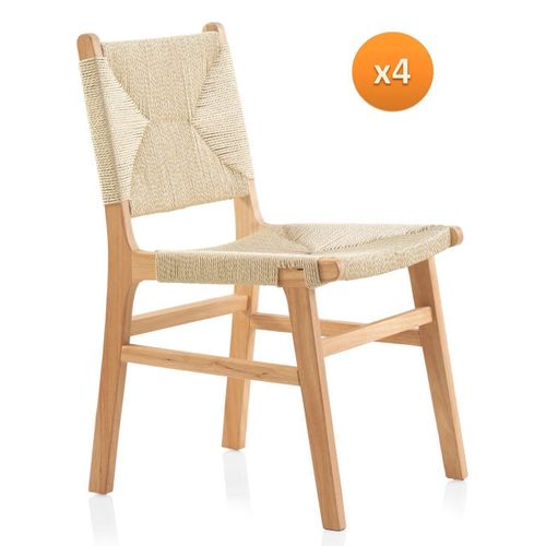 Lot De 4 Chaises En Bois D'hévéa Avec Assise Et Dossier Tressés