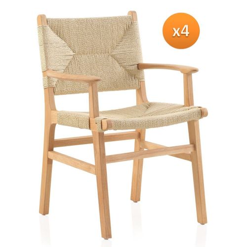Lot De 4 Fauteuils En Bois D'hévéa Avec Assise Et Dossier Tressés