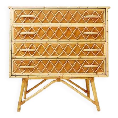 Commode Vintage En Bambou Rotin Et Osier  4 Tiroirs Beige