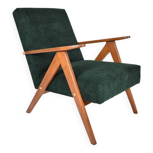 Fauteuil Compas Restaur Tissu Vert Fort Bois De Teck 1960 Vert