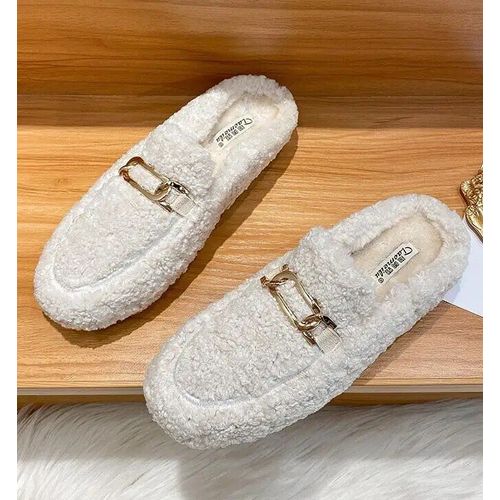 Mules En Peluche Pour Femmes",Pantoufles En Fourrure À Une Bande,Chaussures En Coton Confortables,Couverture Plate,Polaire Parker,Toboggans En Laine,"Hiver Chaud