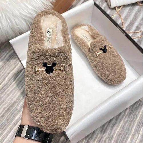 Mules En Peluche Pour Femmes",Pantoufles En Fourrure À Une Bande,Chaussures En Coton Confortables,Couverture Plate,Polaire Parker,Toboggans En Laine,"Hiver Chaud